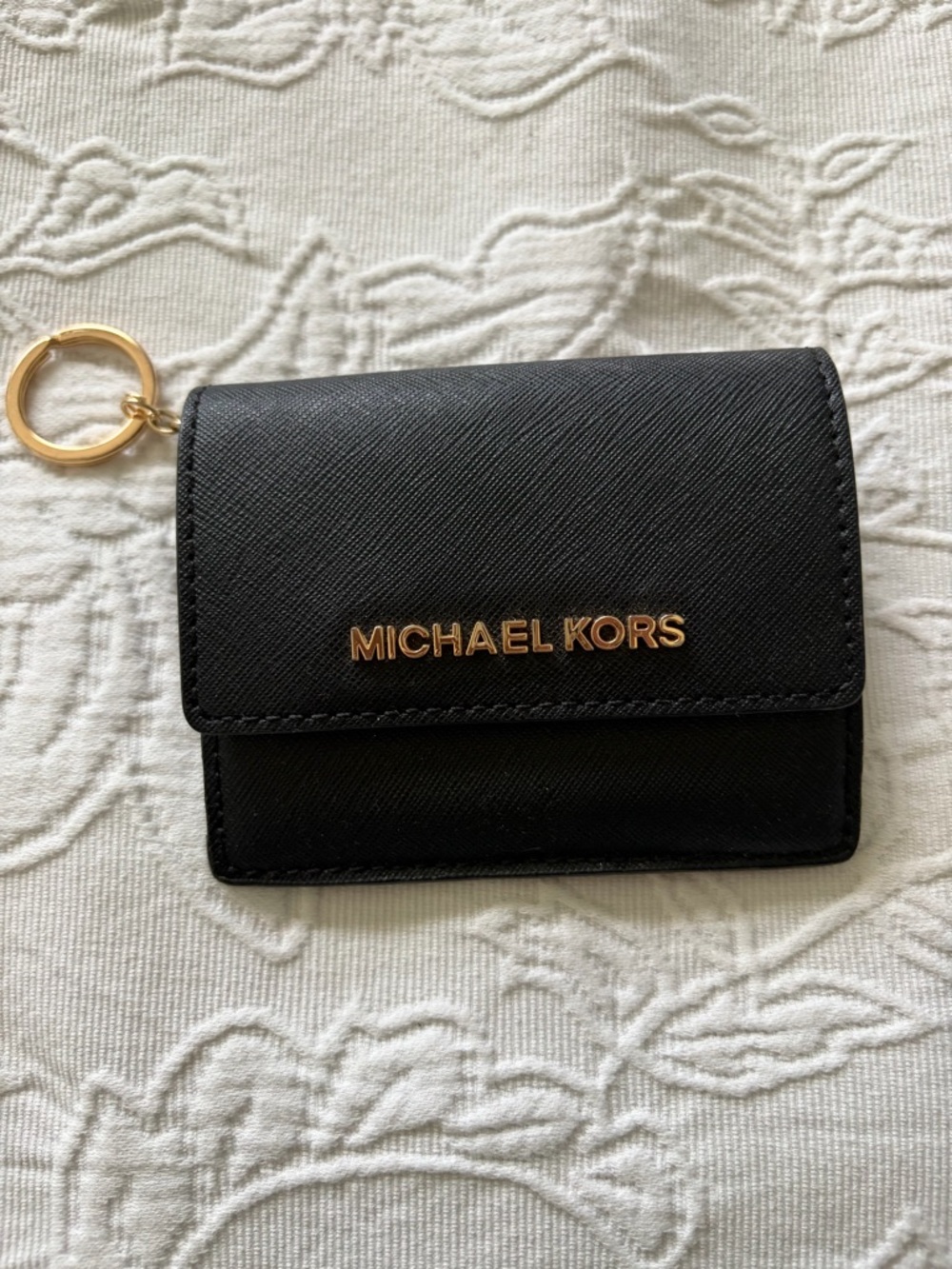 Michael Kors Black and Gold Leather Card Holder Keyring Wallet